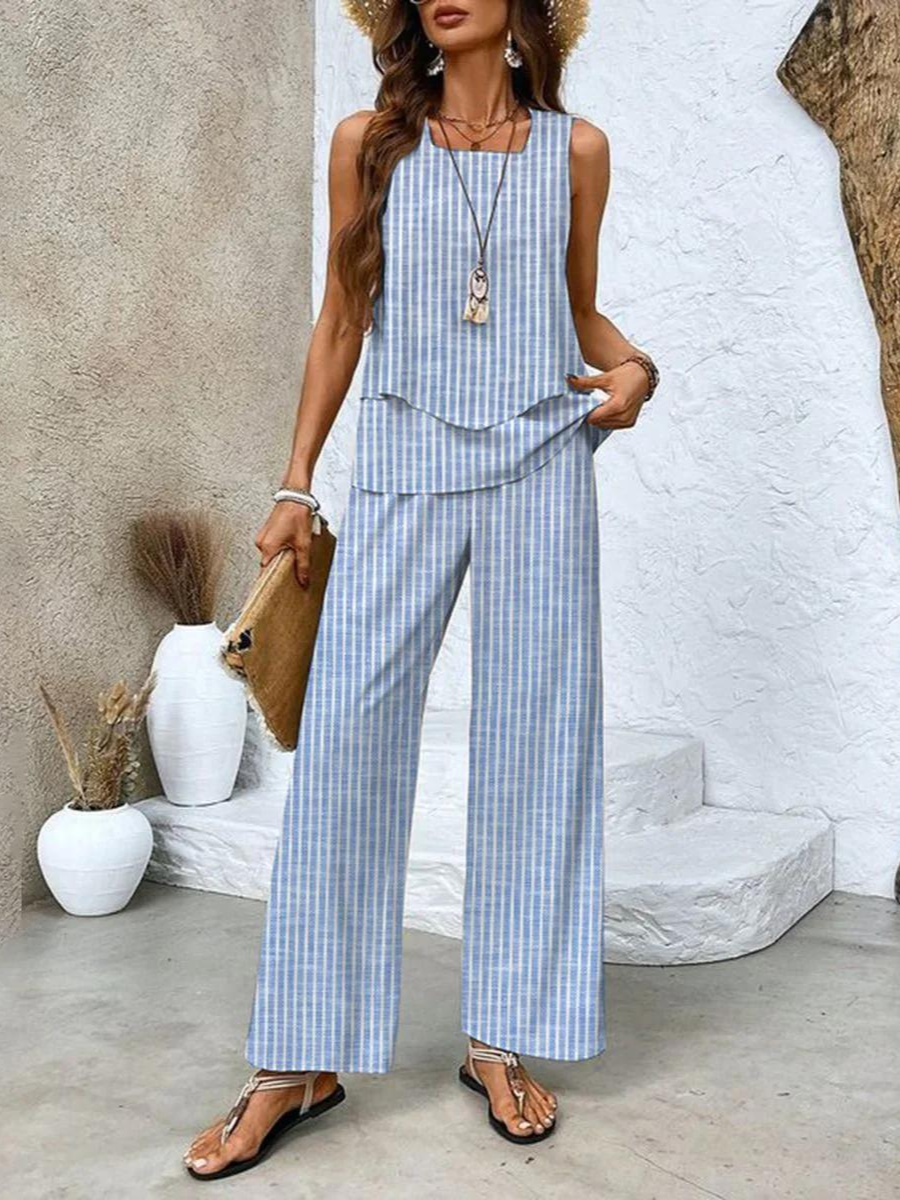 Talia | Women's Chiffon Sleeveless Layered Top & Wide-Leg Set