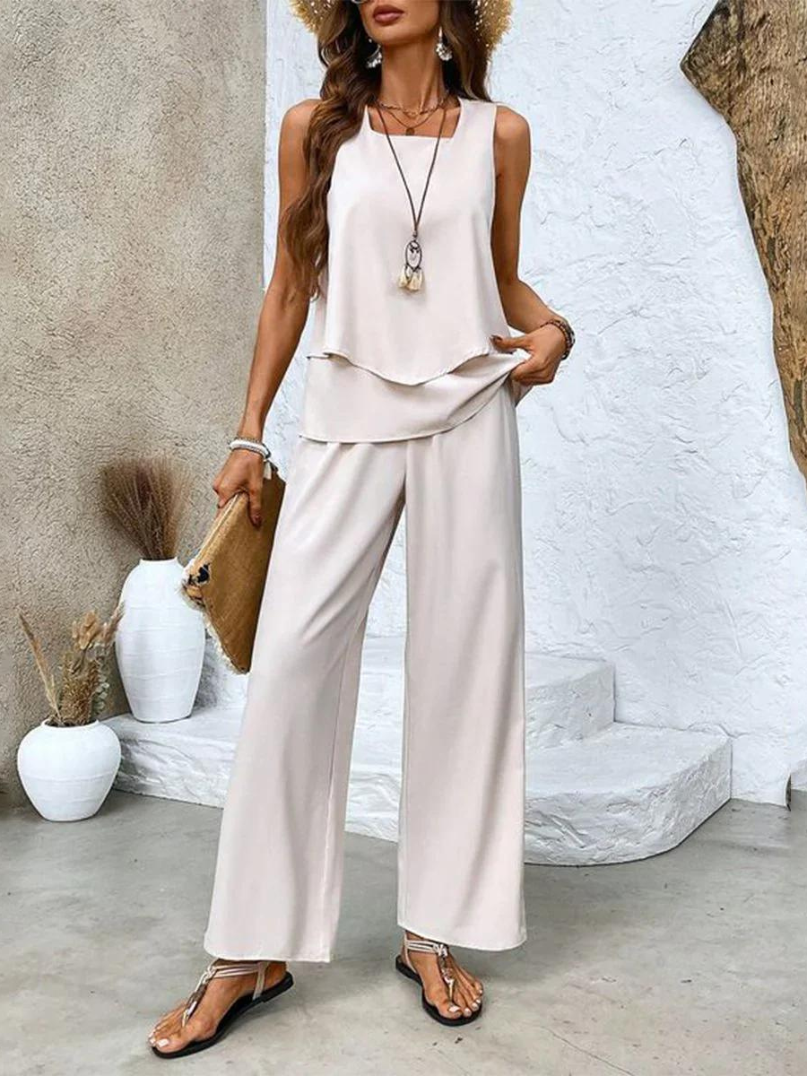 Talia | Women's Chiffon Sleeveless Layered Top & Wide-Leg Set