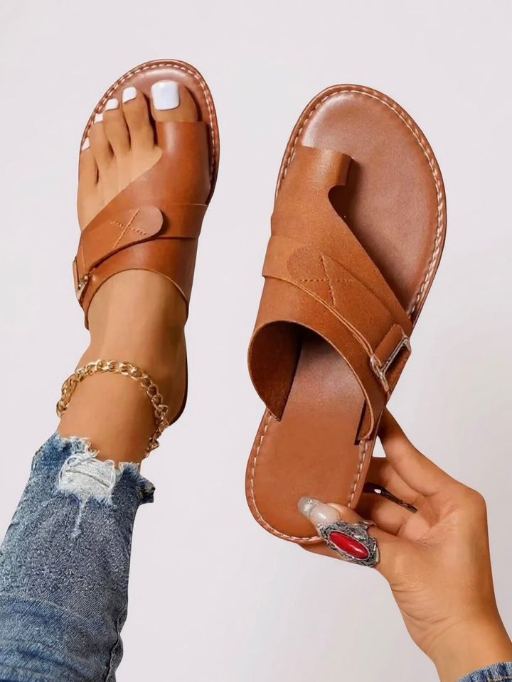 Talia | Women's Leather Toe Loop Buckle Strap Flat Sandals