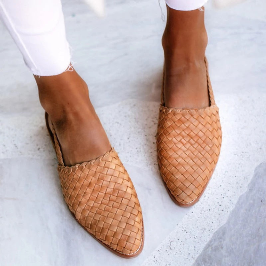 Tallow | Women's Leather Woven Slingback Pointed-Toe Flats