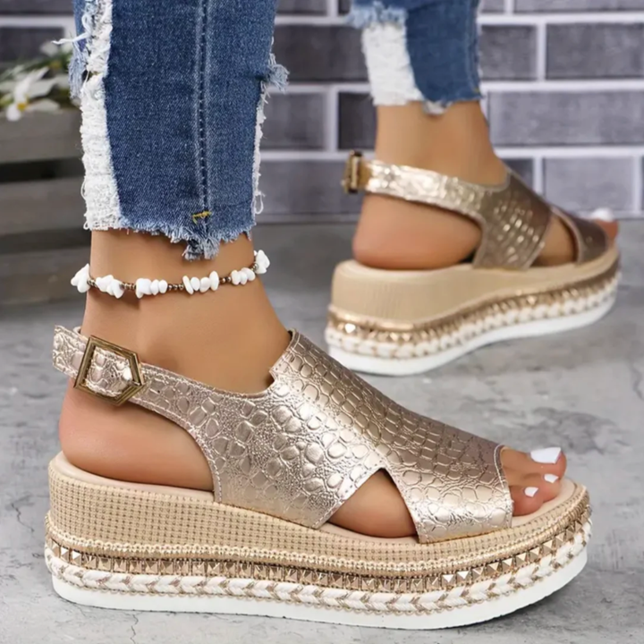 Thalia | Women's Leather Croc-Embossed Espadrille Flatform Sandals
