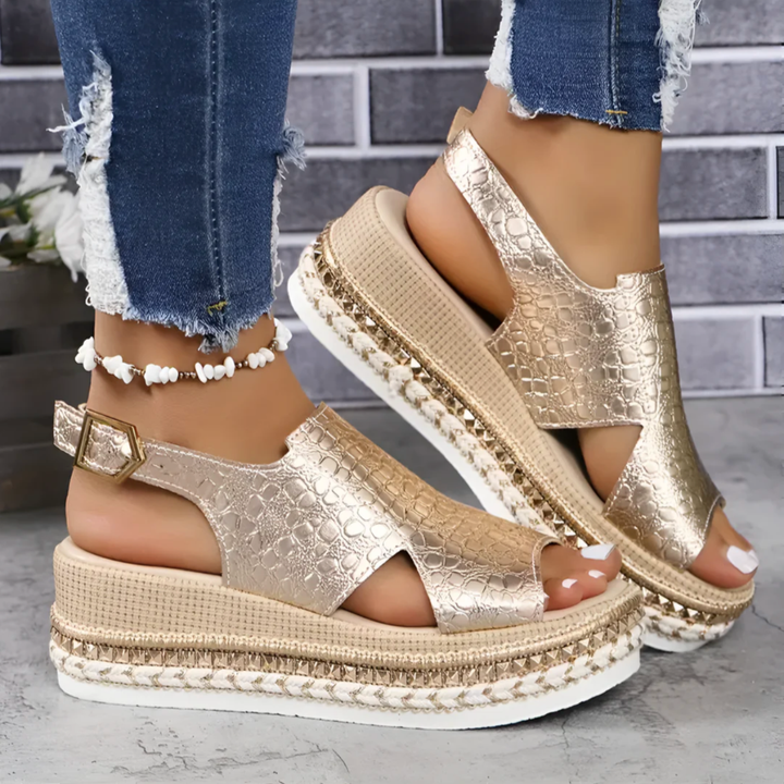 Thalia | Women's Leather Croc-Embossed Espadrille Flatform Sandals