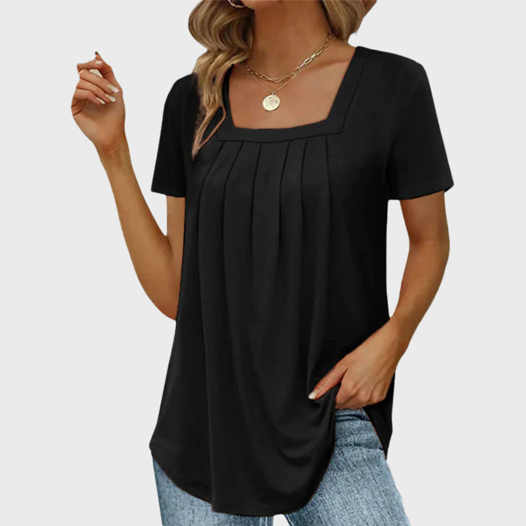 Thea | Women's Cotton Square-Neck Pleated Short Sleeve Top