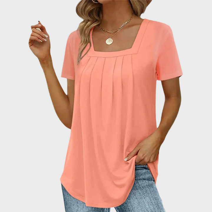 Thea | Women's Cotton Square-Neck Pleated Short Sleeve Top