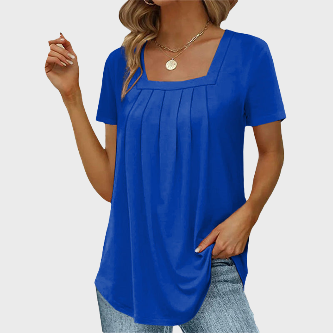 Thea | Women's Cotton Square-Neck Pleated Short Sleeve Top