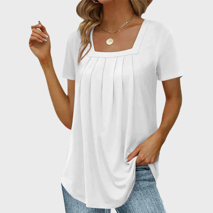 Thea | Women's Cotton Square-Neck Pleated Short Sleeve Top