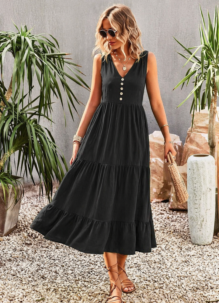 Thea | Women's Cotton Tiered Sleeveless Button-Front Midi Dress