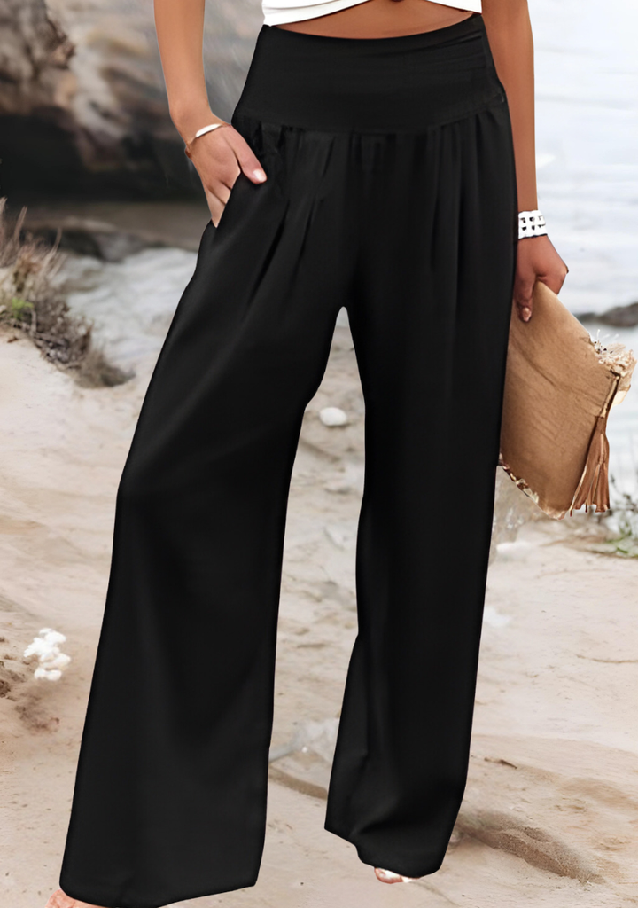 Thea | Women's Linen Smocked Waist Flowy Wide-Leg Pants