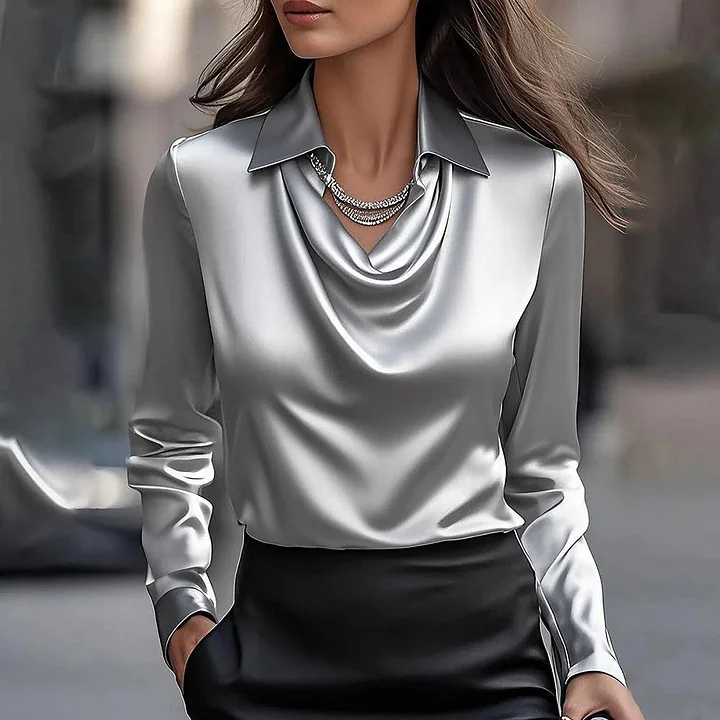 Thea | Women's Satin Cowl Neck Long-Sleeve Blouse Elegant