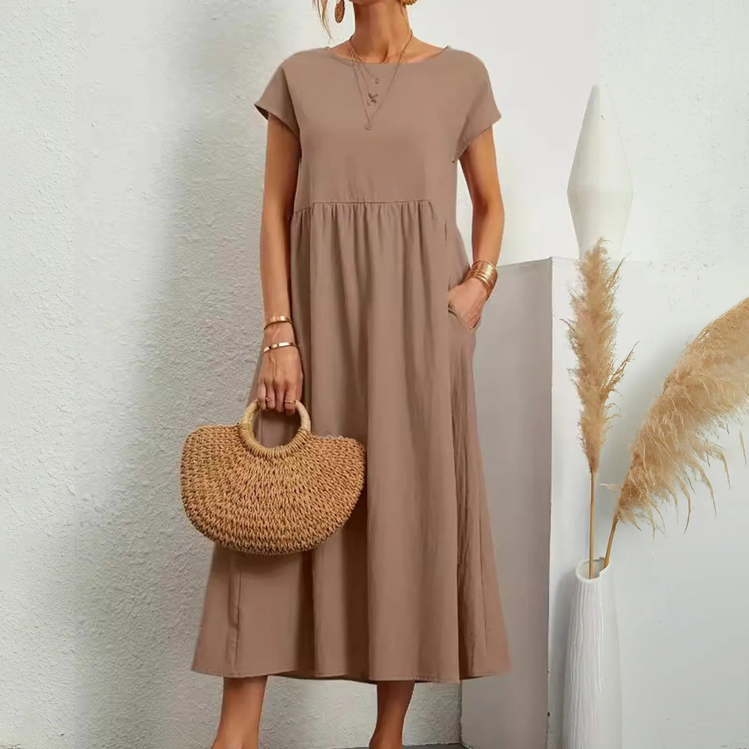 Tove | Women's Linen Short-Sleeve Smocked Midi Dress Casual