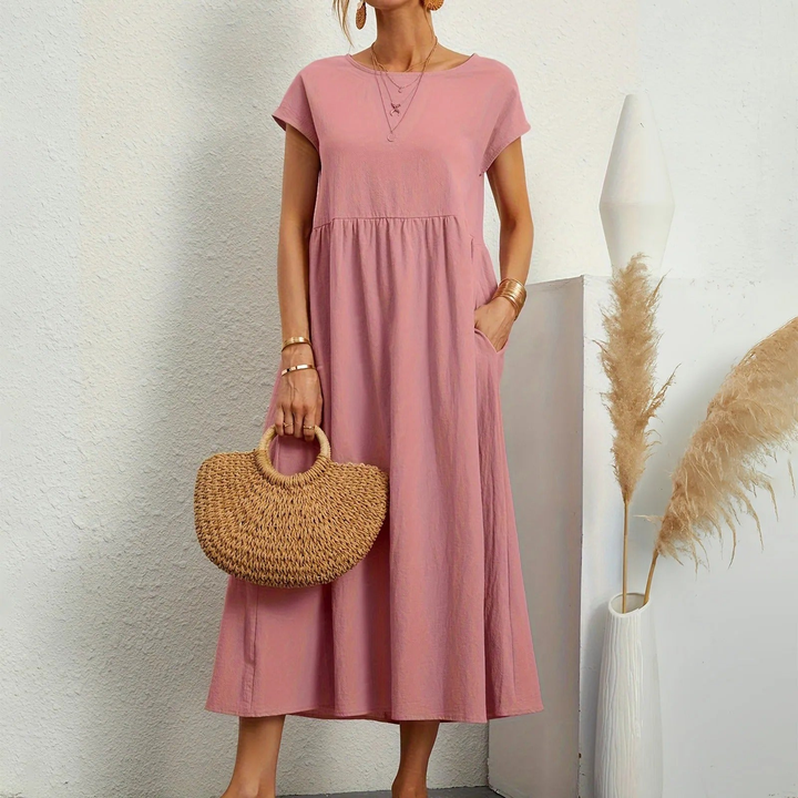 Tove | Women's Linen Short-Sleeve Smocked Midi Dress Casual