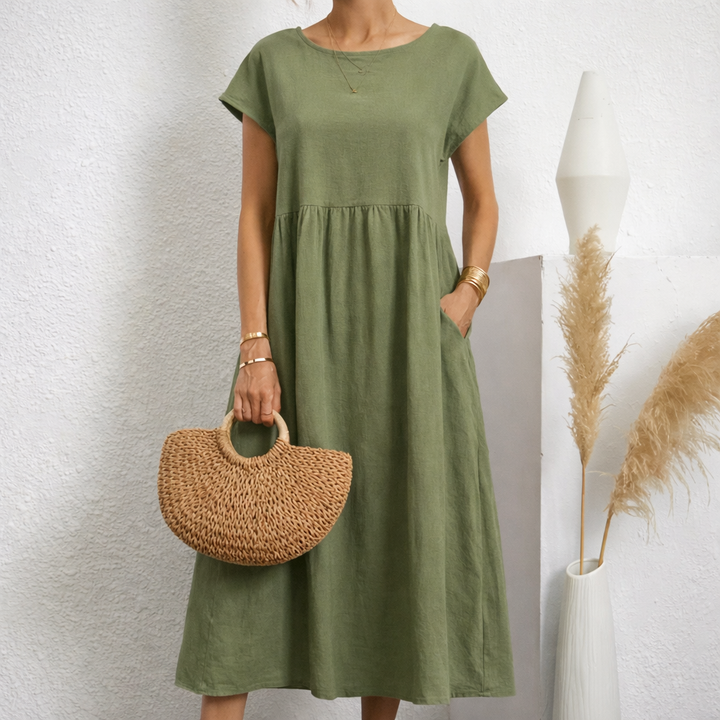 Tove | Women's Linen Short-Sleeve Smocked Midi Dress Casual
