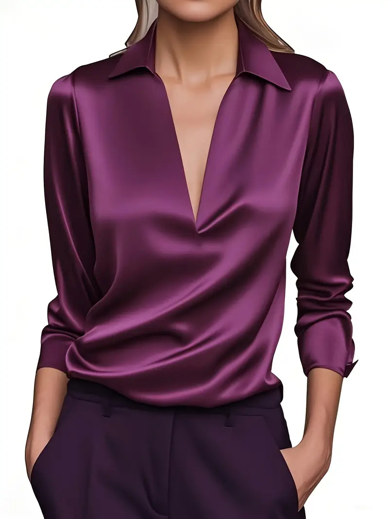 Vesper | Women's Satin Deep V-Neck Draped Blouse Elegant