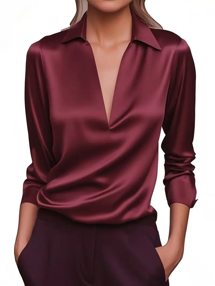 Vesper | Women's Satin Deep V-Neck Draped Blouse Elegant