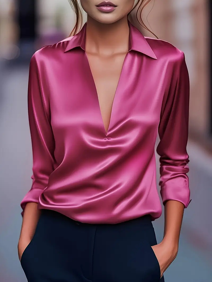 Vesper | Women's Satin Deep V-Neck Draped Blouse Elegant