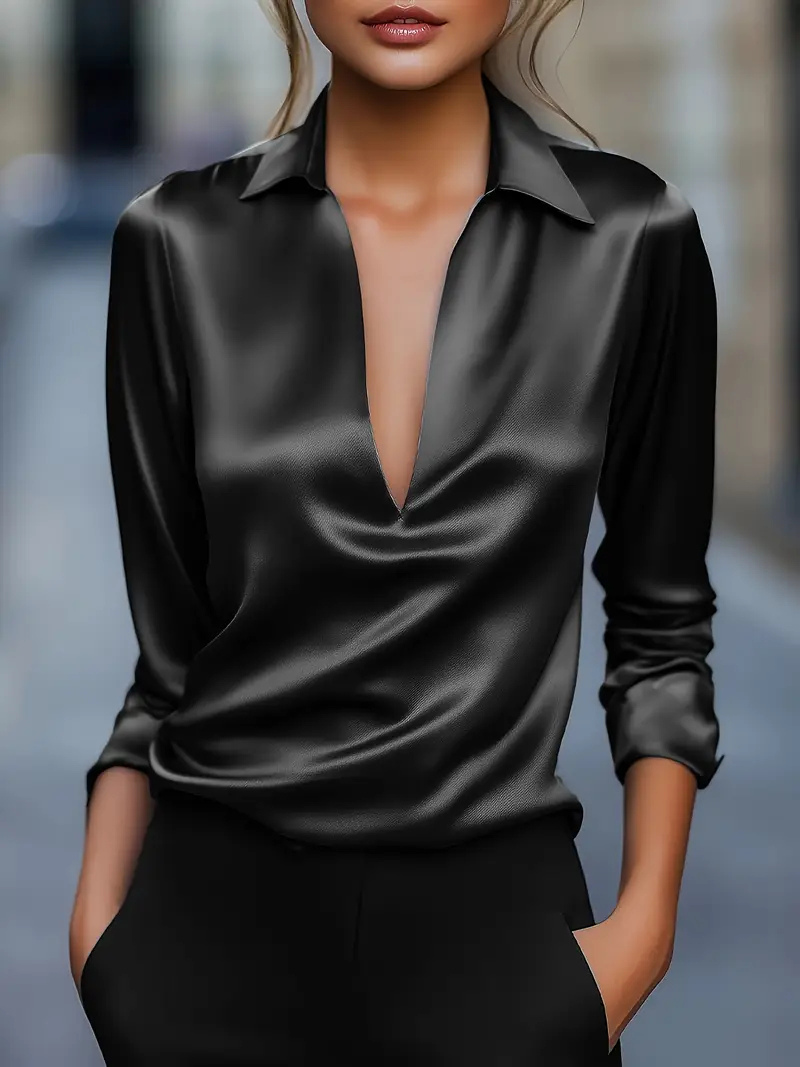 Vesper | Women's Satin Deep V-Neck Draped Blouse Elegant