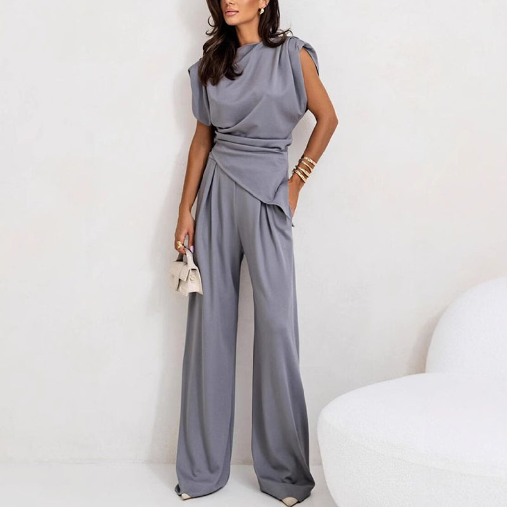 Vesper | Women's Satin Sleeveless Draped Top & Wide-Leg Trouser Set