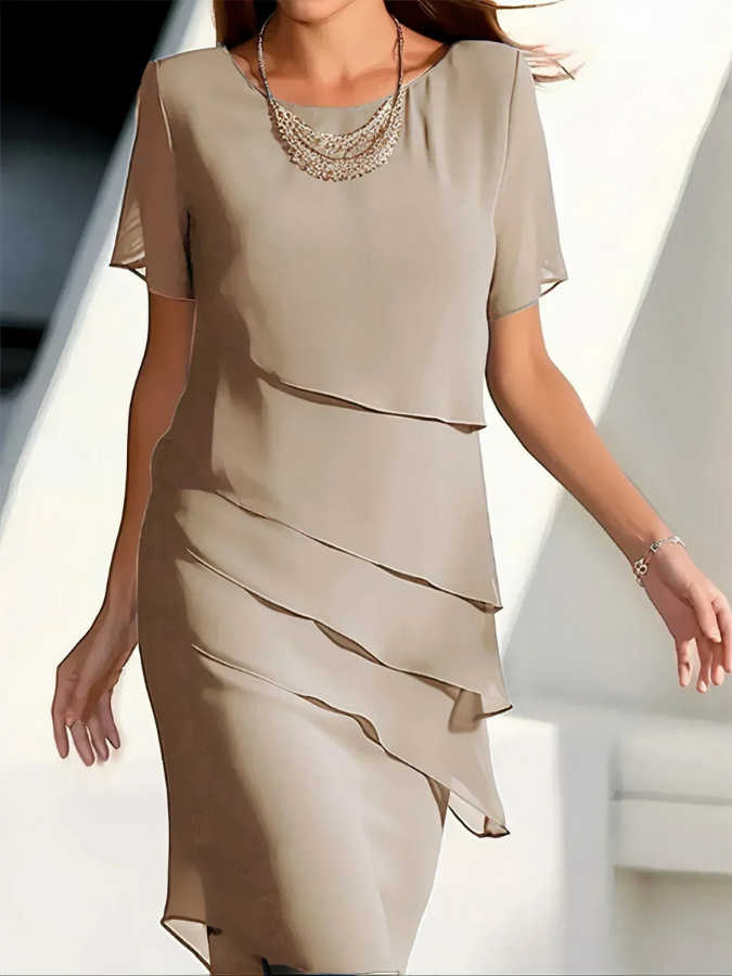 Vivienne | Women's Chiffon Tiered Short-Sleeve Midi Dress Elegant
