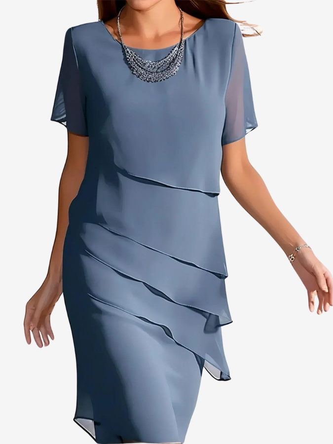 Vivienne | Women's Chiffon Tiered Short-Sleeve Midi Dress Elegant