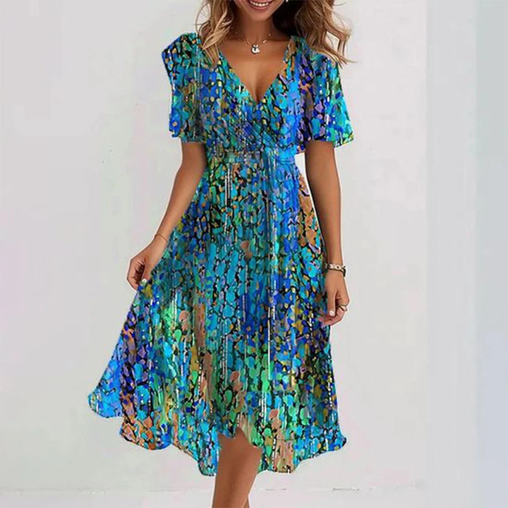 Willa | Women's Chiffon Print Wrap V-Neck Midi Dress