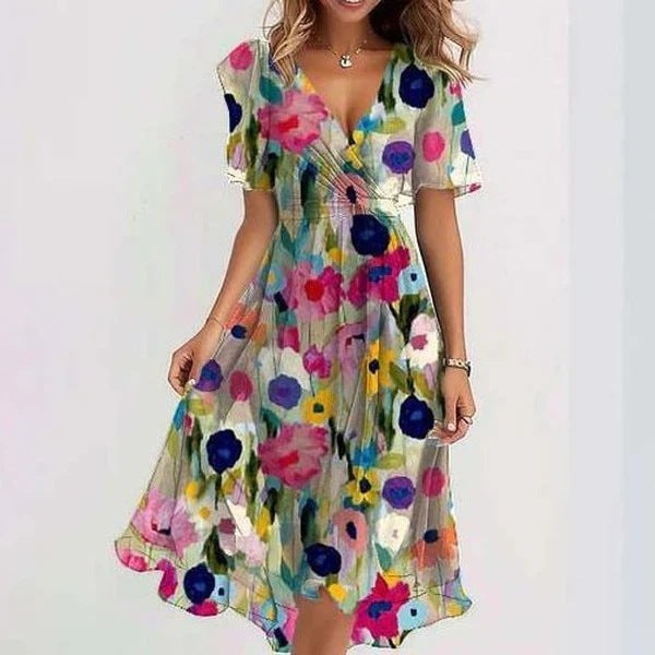 Willa | Women's Chiffon Print Wrap V-Neck Midi Dress