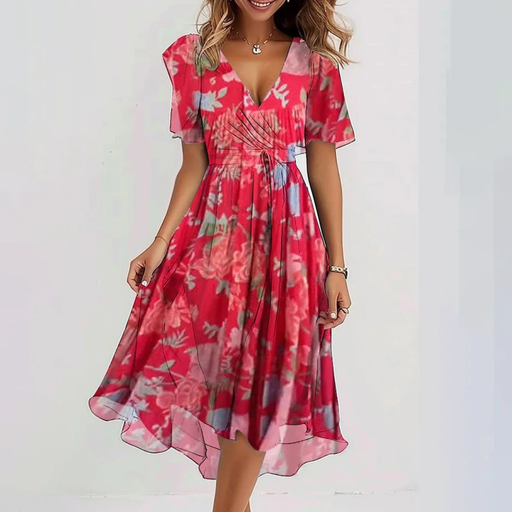 Willa | Women's Chiffon Print Wrap V-Neck Midi Dress