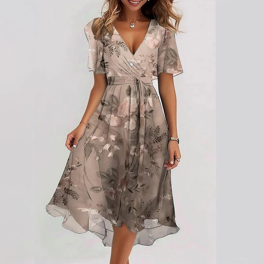 Willa | Women's Chiffon Print Wrap V-Neck Midi Dress