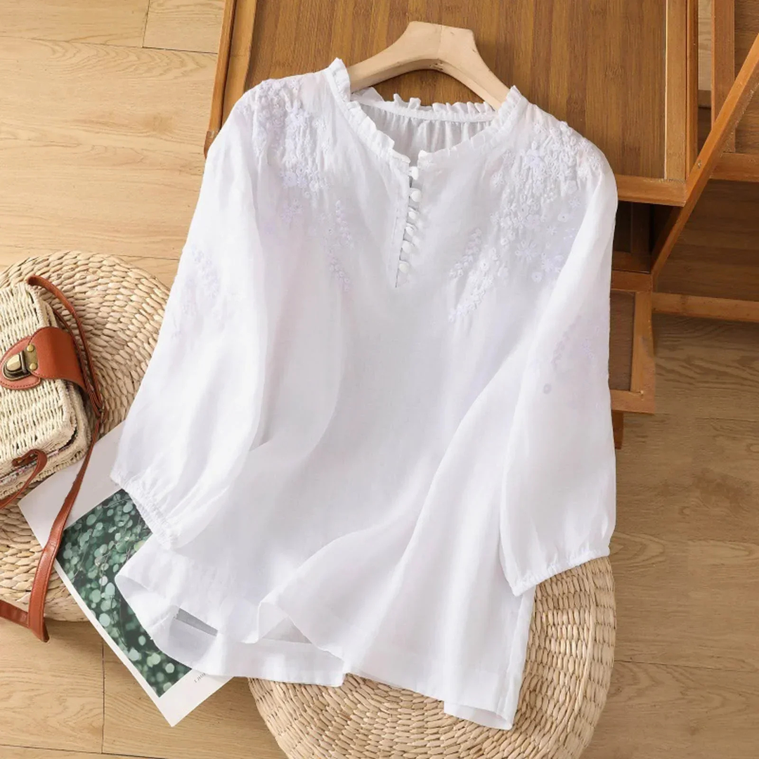 Willa | Women's Cotton Embroidered Frill Neck 3/4 Sleeve Blouse