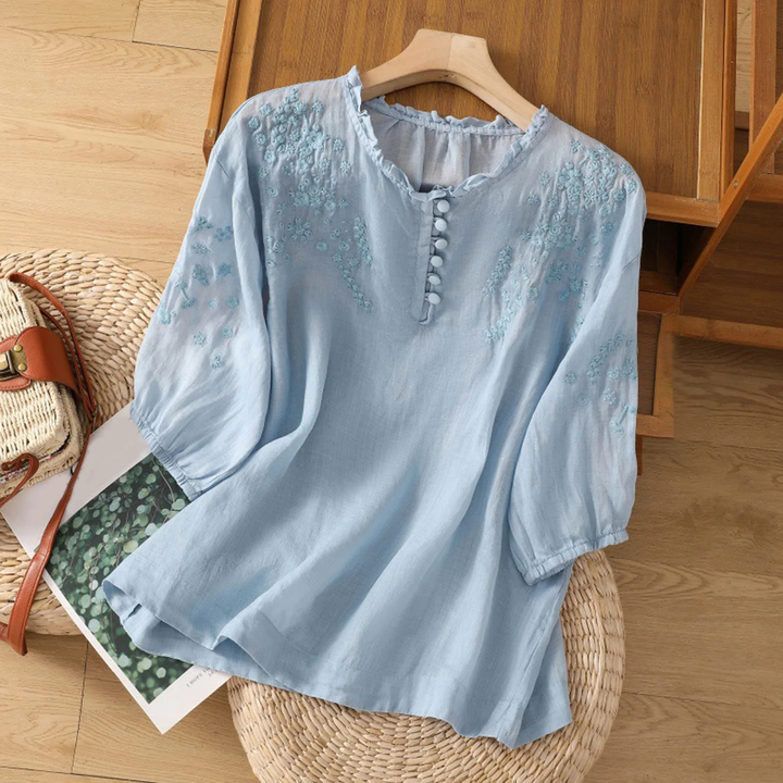 Willa | Women's Cotton Embroidered Frill Neck 3/4 Sleeve Blouse