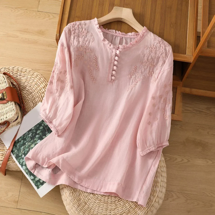 Willa | Women's Cotton Embroidered Frill Neck 3/4 Sleeve Blouse