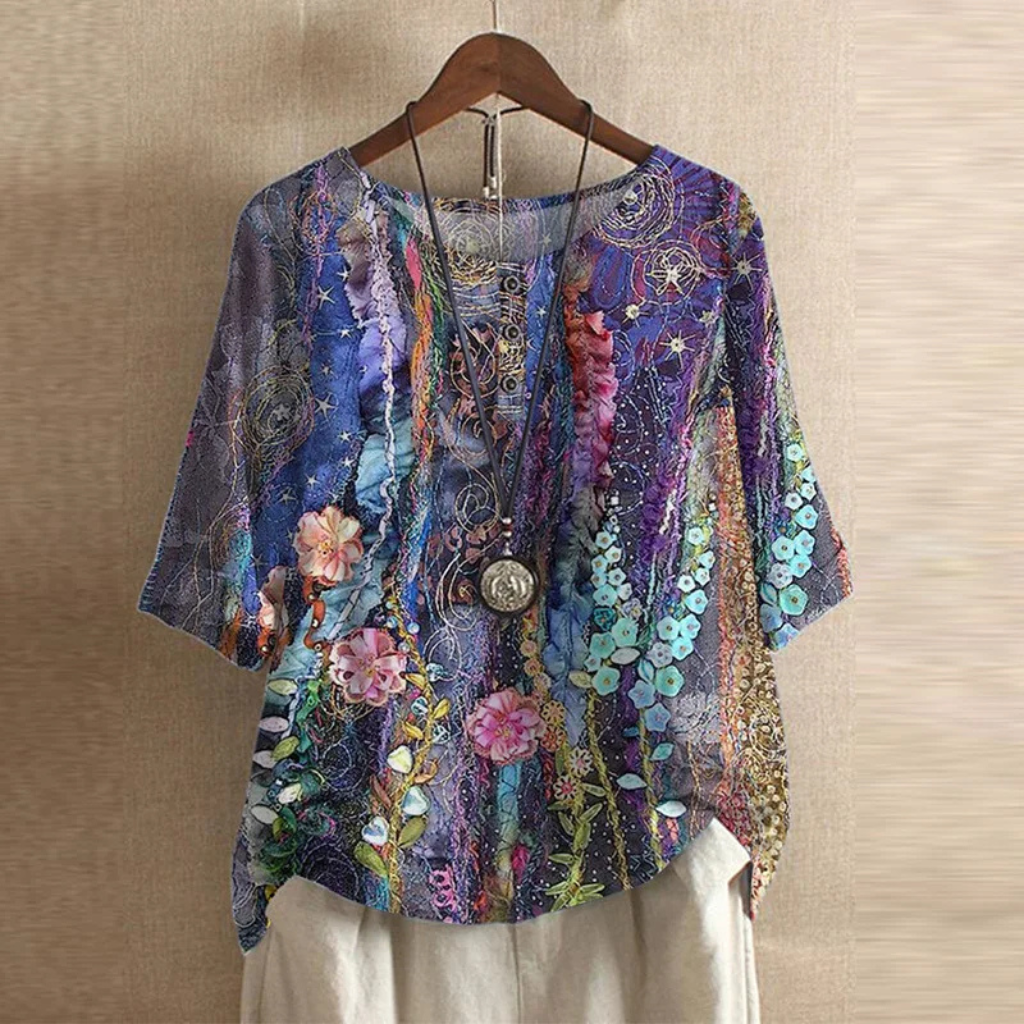 Willa | Women's Cotton Vintage Print Round Neck Half Sleeve Blouse