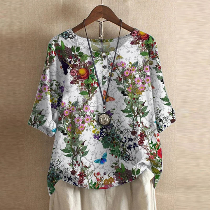 Willa | Women's Cotton Vintage Print Round Neck Half Sleeve Blouse