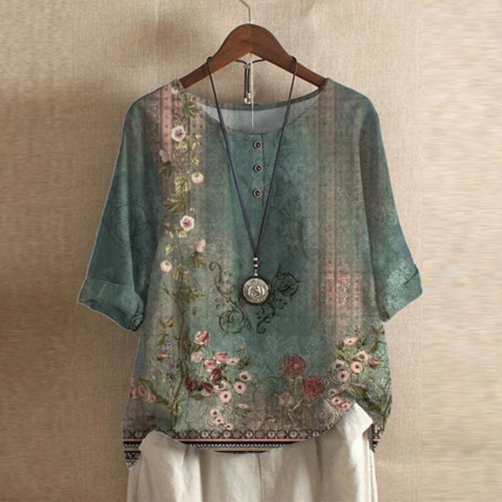 Willa | Women's Cotton Vintage Print Round Neck Half Sleeve Blouse