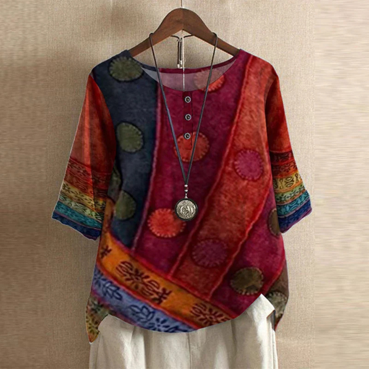 Willa | Women's Cotton Vintage Print Round Neck Half Sleeve Blouse