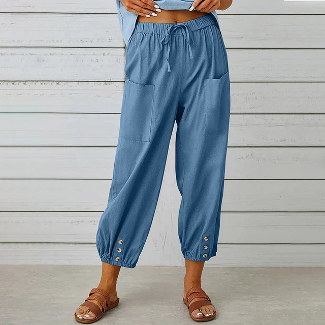 Willa | Women's Linen High-Waist Cropped Button-Cuff Trousers