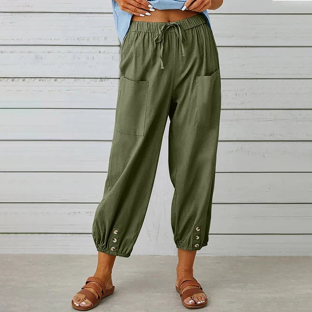 Willa | Women's Linen High-Waist Cropped Button-Cuff Trousers