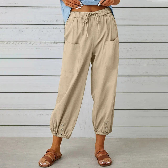 Willa | Women's Linen High-Waist Cropped Button-Cuff Trousers
