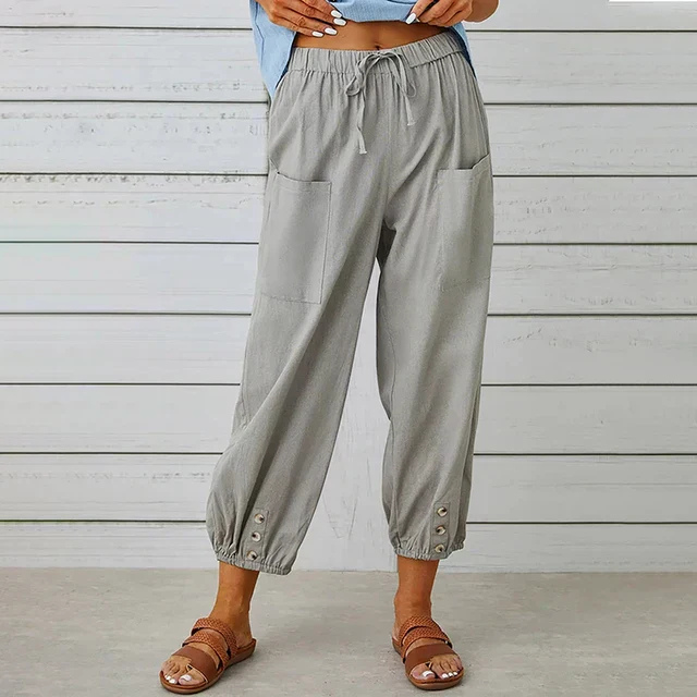 Willa | Women's Linen High-Waist Cropped Button-Cuff Trousers