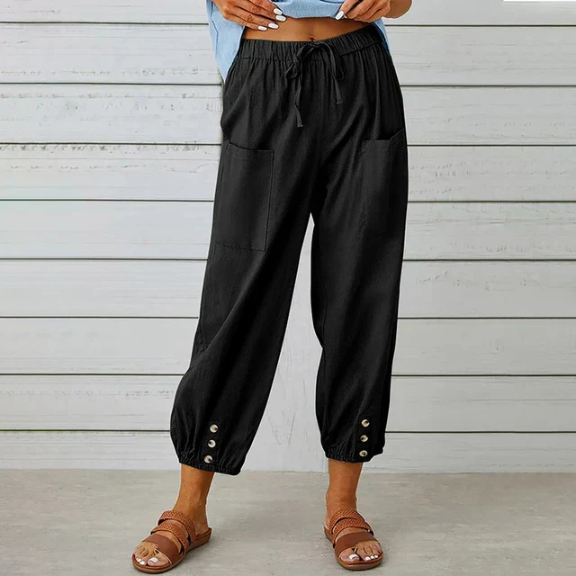 Willa | Women's Linen High-Waist Cropped Button-Cuff Trousers