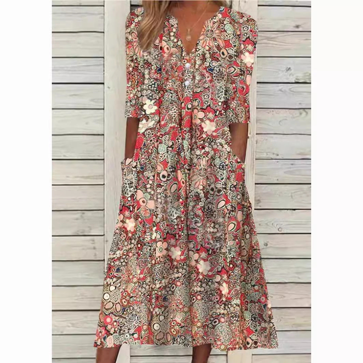 Wren | Women's Cotton Floral Print V-Neck Tiered Midi Dress
