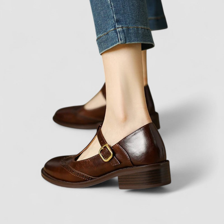 Wren | Women's Leather Brogue T-Bar Buckle Low Heel Shoes