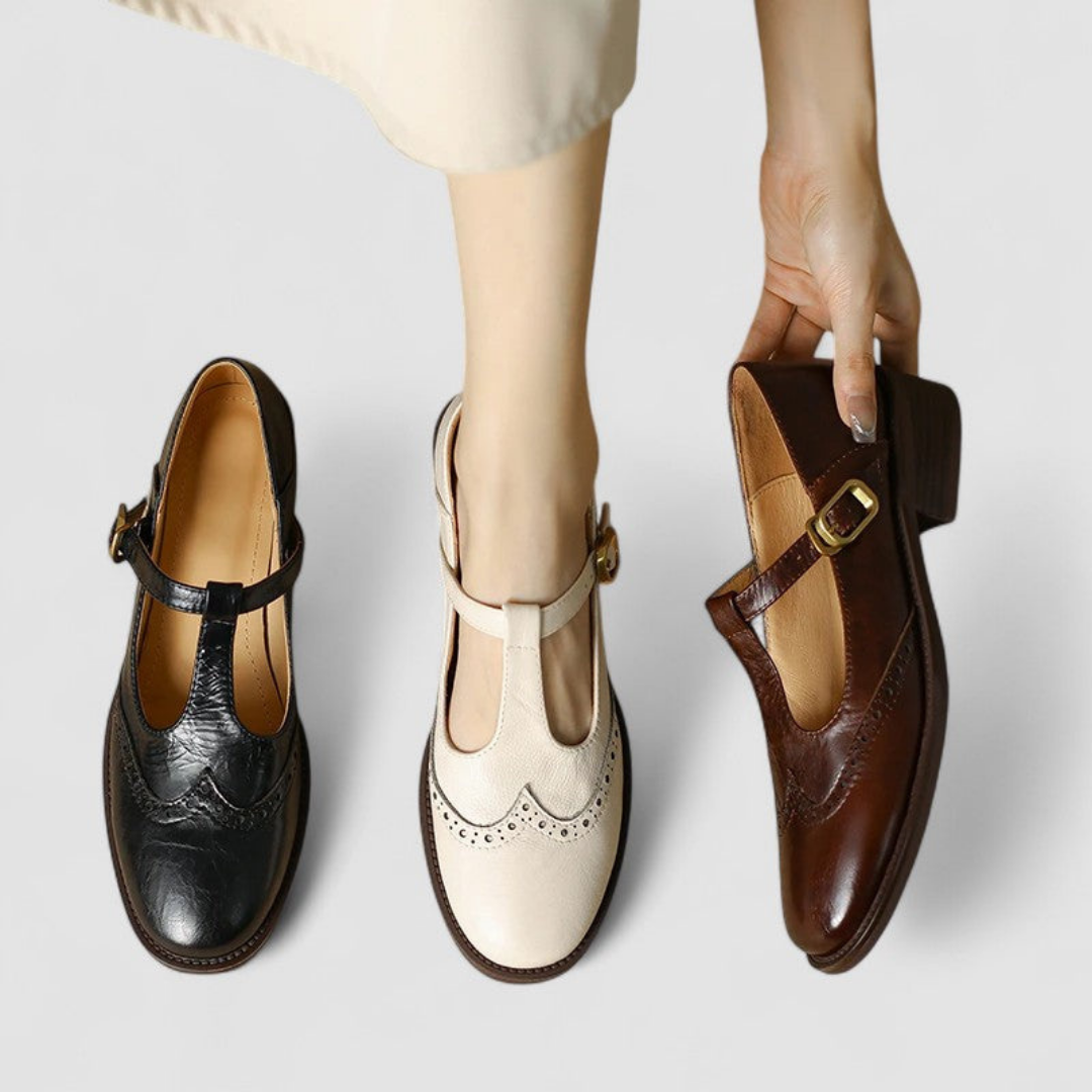 Wren | Women's Leather Brogue T-Bar Buckle Low Heel Shoes
