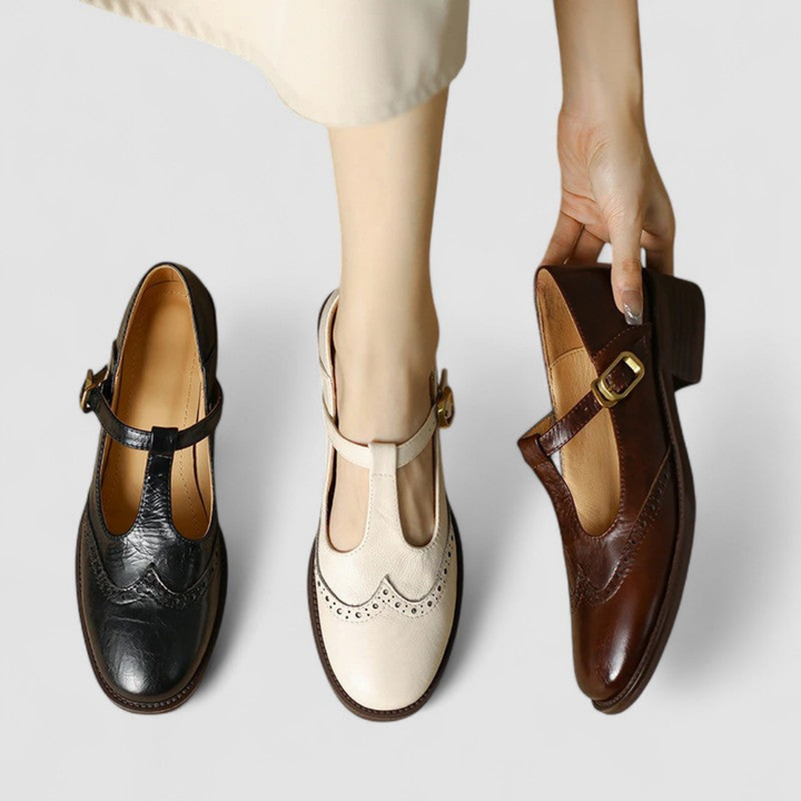 Wren | Women's Leather Brogue T-Bar Buckle Low Heel Shoes