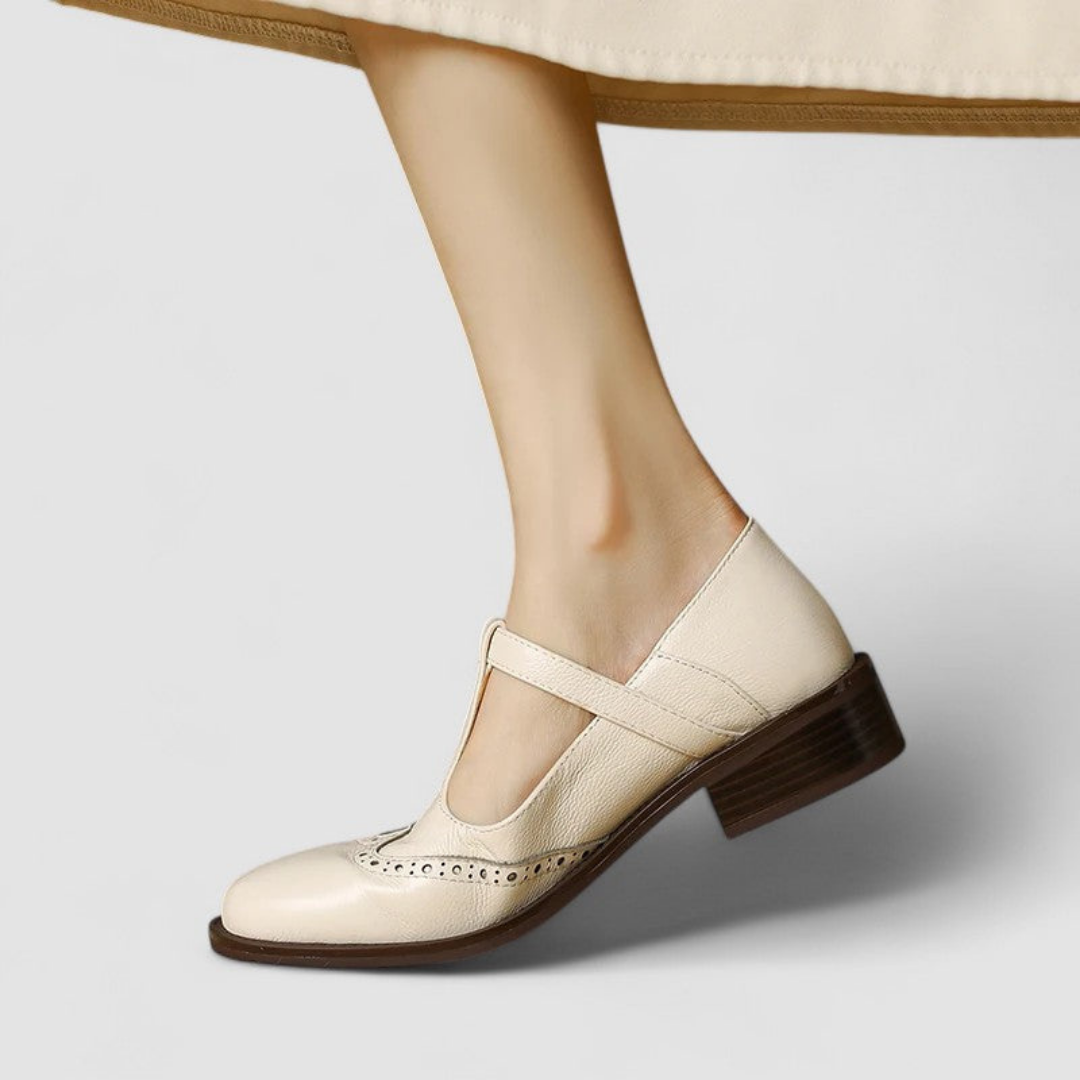 Wren | Women's Leather Brogue T-Bar Buckle Low Heel Shoes