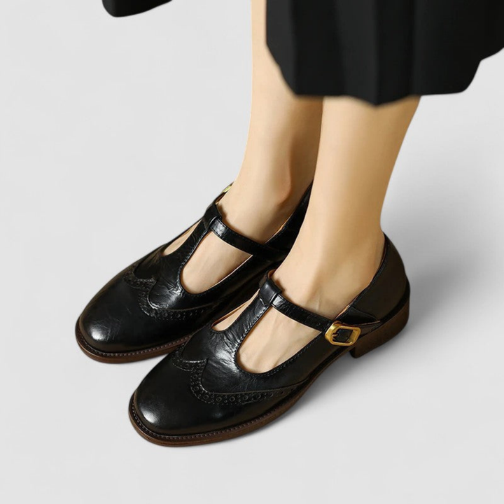 Wren | Women's Leather Brogue T-Bar Buckle Low Heel Shoes