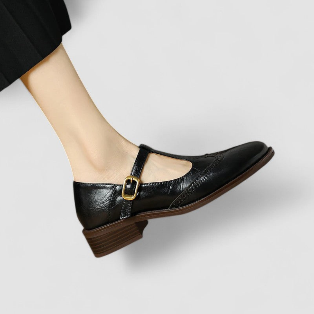 Wren | Women's Leather Brogue T-Bar Buckle Low Heel Shoes