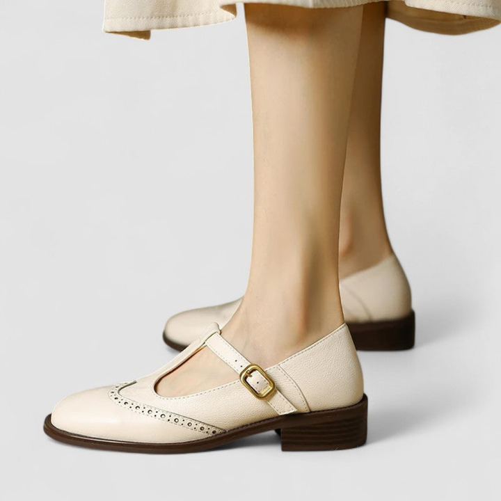 Wren | Women's Leather Brogue T-Bar Buckle Low Heel Shoes