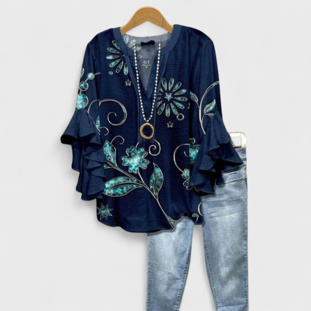 Wren | Women's Lightweight Print Ruffle Sleeve V-Neck Blouse