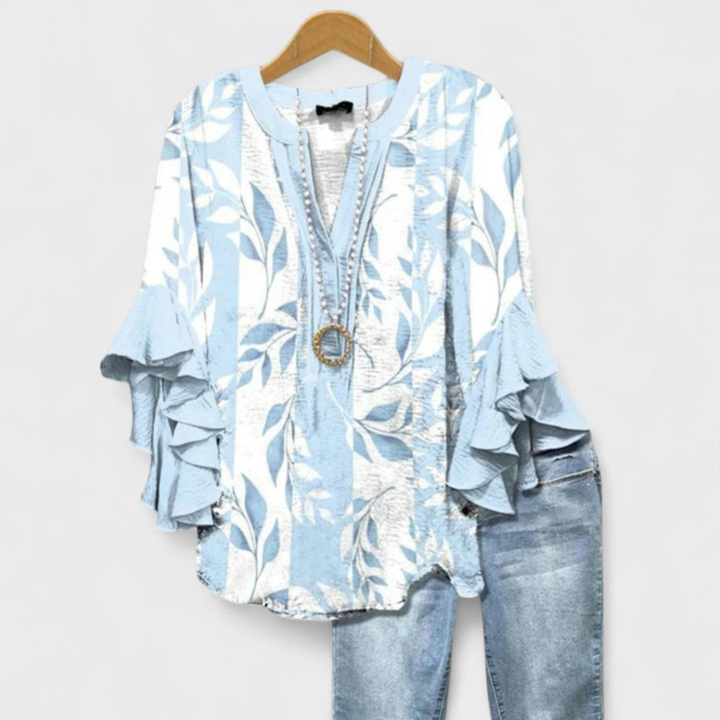 Wren | Women's Lightweight Print Ruffle Sleeve V-Neck Blouse