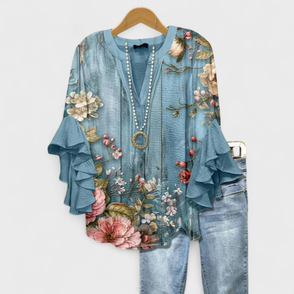Wren | Women's Lightweight Print Ruffle Sleeve V-Neck Blouse